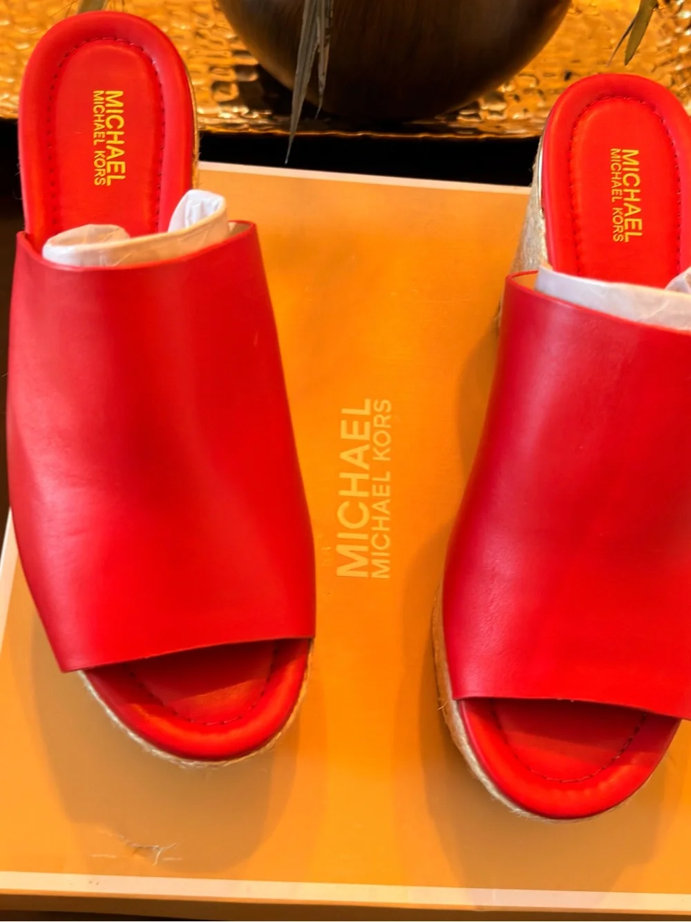 Michael Kors Red Leather Espadrille Wedge Sandals